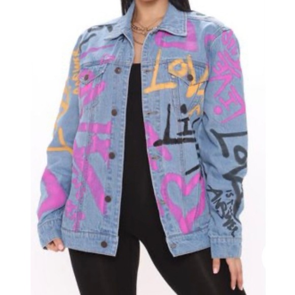 Fashion Nova Jackets & Blazers - Love is the Answer Graffiti Denim Jacket